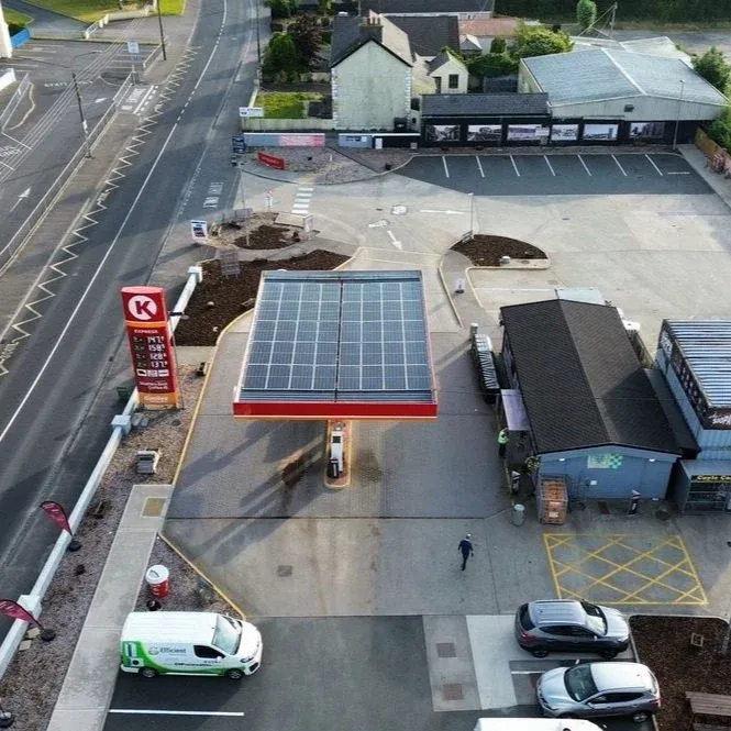 Aerial view of the 78kWp solar PV canopy and EHP install at Daly's Circle K, Lifford