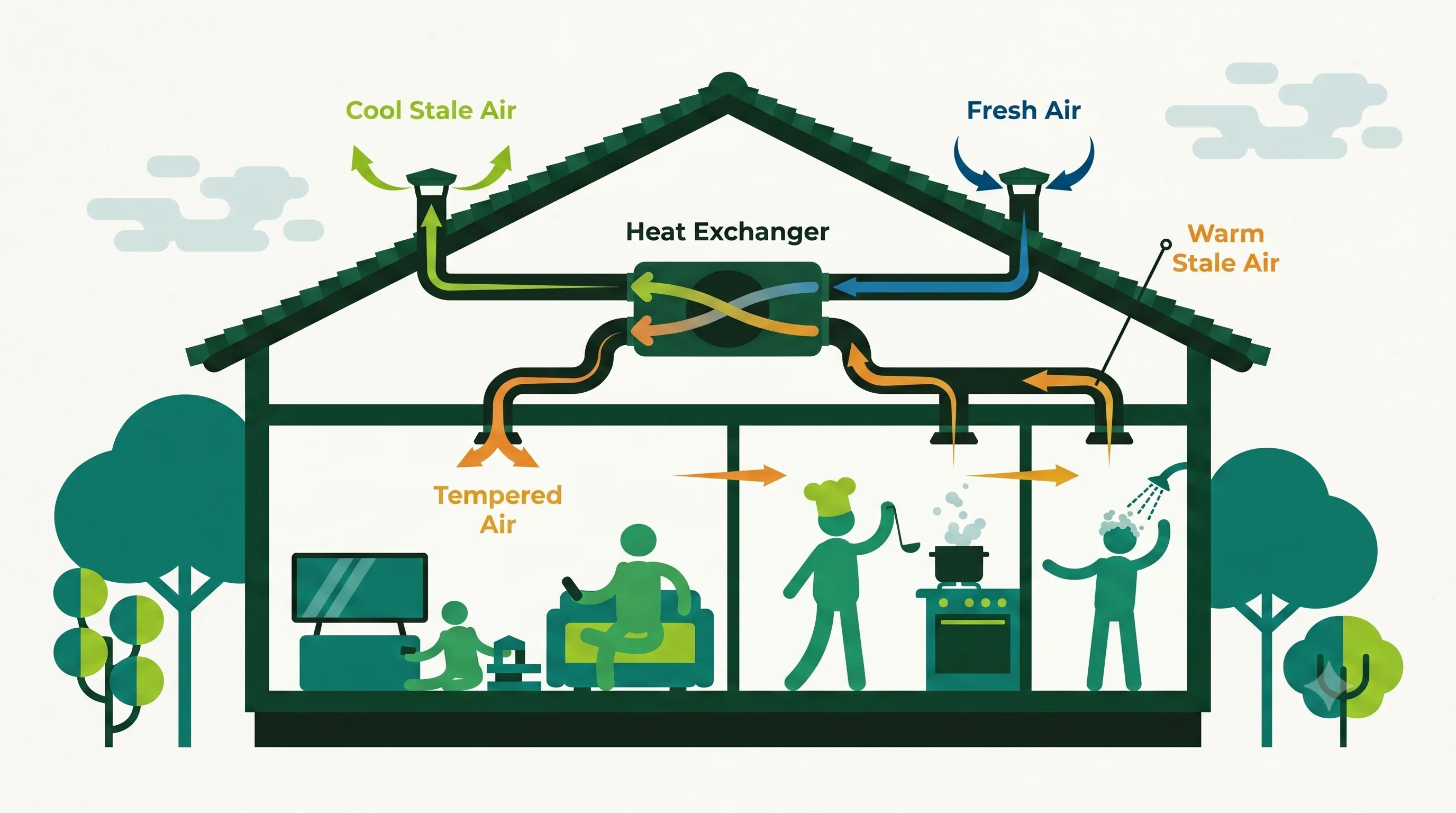 Diagram showing how an MVHR ventilation system moves air through a home